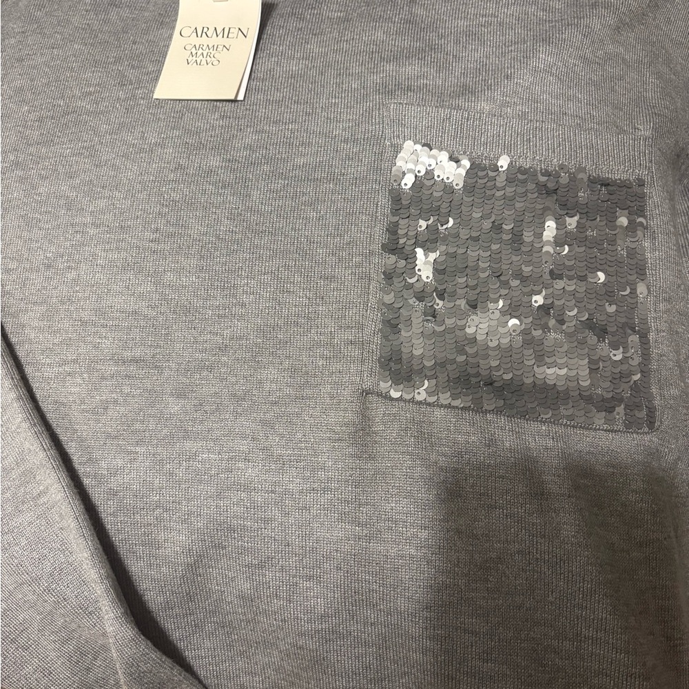 Carmen Marc Valvo Silver Sequin Pocket Crewneck Sweater